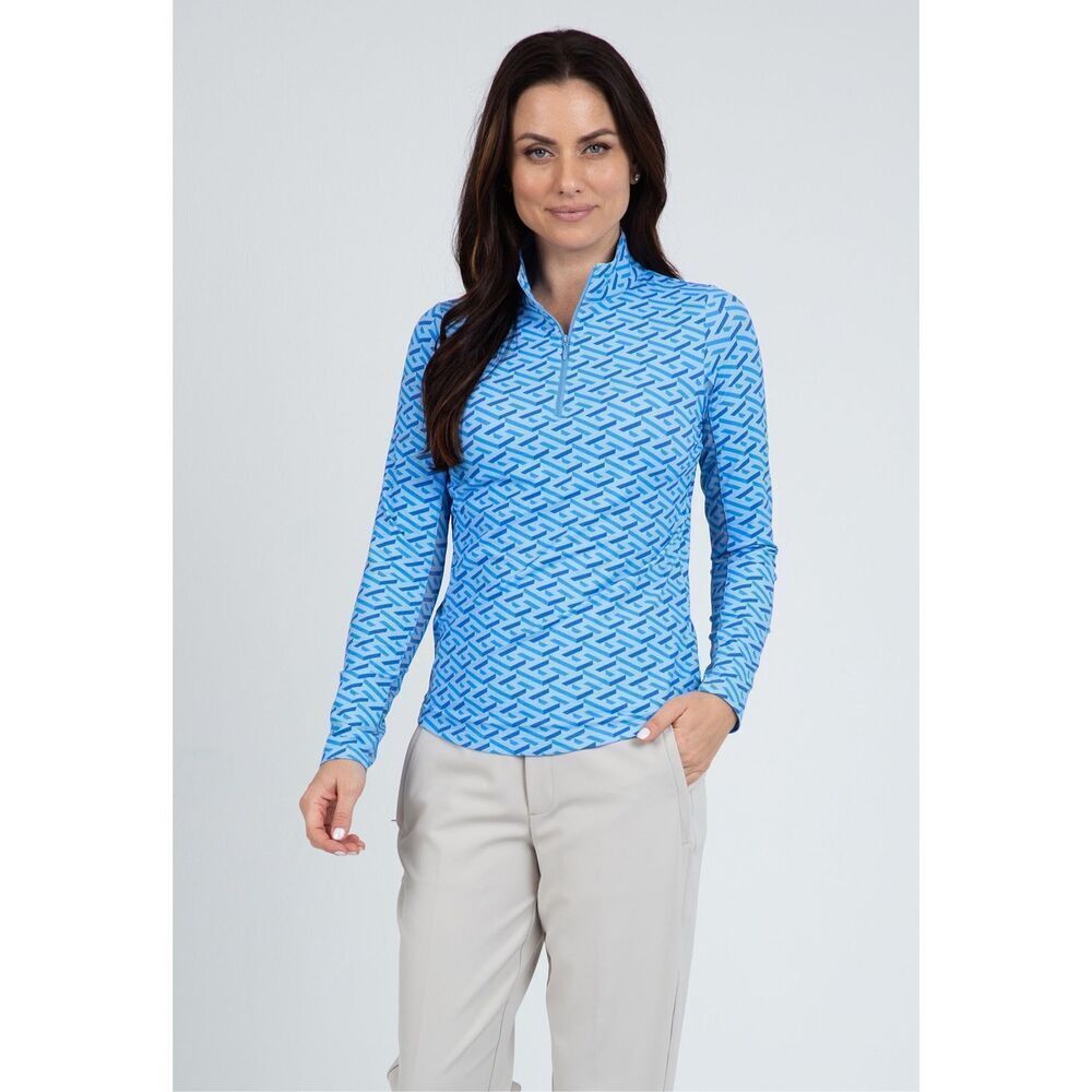Ibkül NWT Fatima Print Long Sleeve 1/4 Zip Mock Neck Top Geometric Blue Large